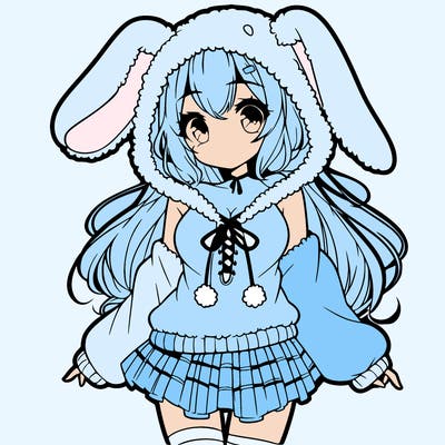 pretty anime girl wearing a fluffy hoodie with bunny ears on the hood and a skirt