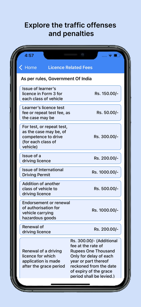 RTO - eChallan, Vehicle info - Une liste des frais de permis de conduire pour divers services RTO en Inde