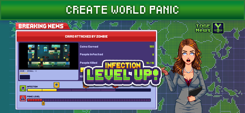 Un reportage en pixel art du jeu Infectonator 3 montrant une épidémie de zombies au Caire et un message de montée en niveau d'infection.