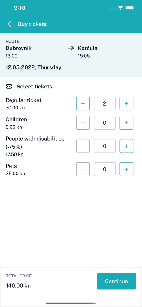 Écran de l'application TP Line pour sélectionner des billets de ferry de Dubrovnik à Korčula