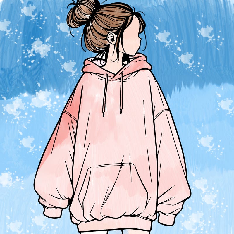 realistic girl with a oversized sweatshirt on and a bun