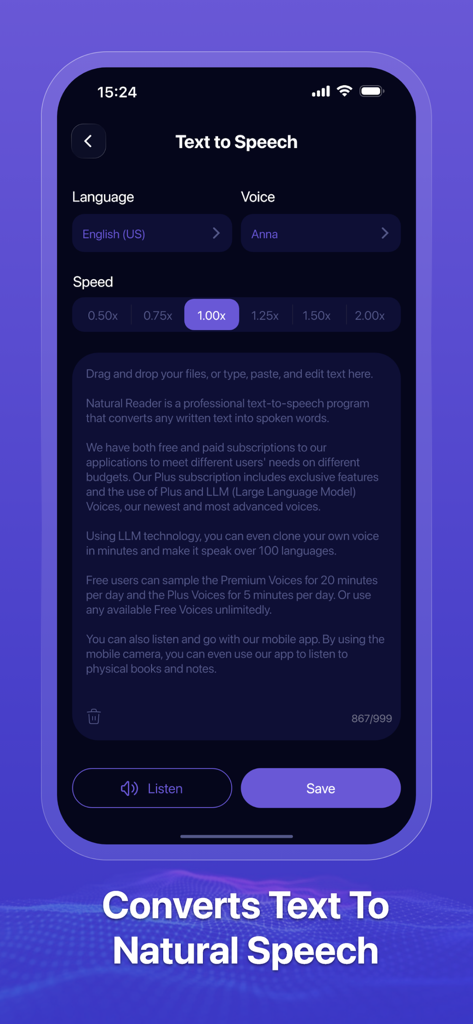 Audacity Audio Record mobile app interface showing text to speech conversion feature with voice and speed settings