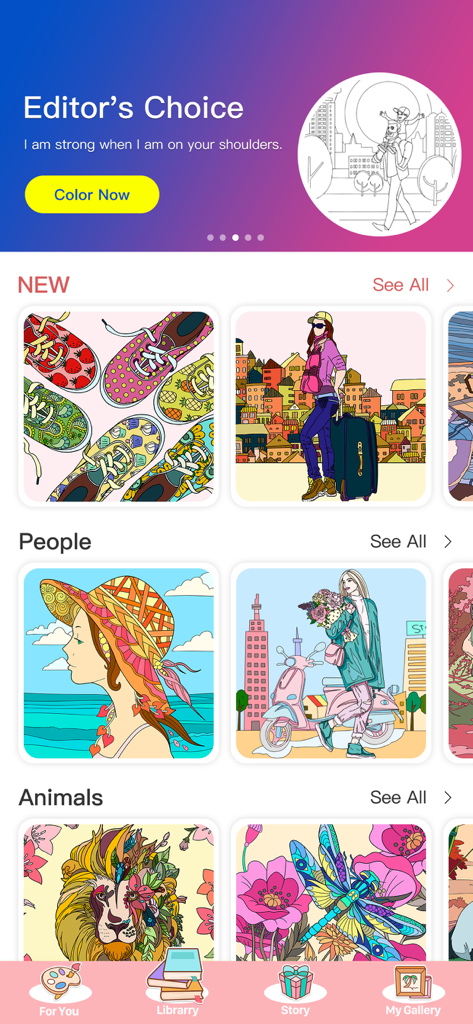 Interface of Color Master app displaying various coloring categories including People and Animals