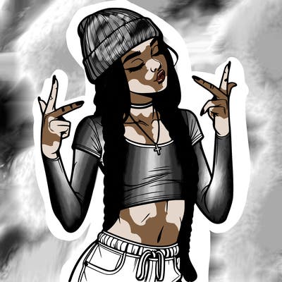 realistic teenage girl with braids and a beanie and crop top doing 🫶🏼