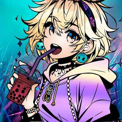 hot baddie anime girl drinking boba and biting the straw