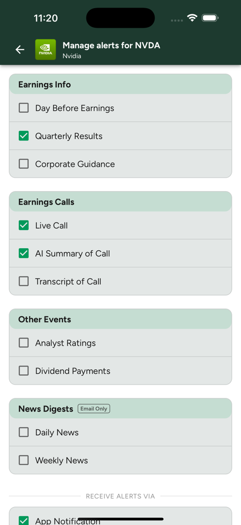 Earnings Hub and Calendar - Manage alerts screen for Nvidia stock showing options for quarterly results live calls and AI summaries