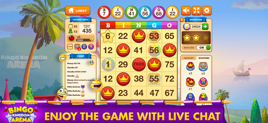 Bingo Kingdom Arena Bingo Game - Bingo Kingdom Arena gameplay screenshot featuring a live chat window and tournament bingo card
