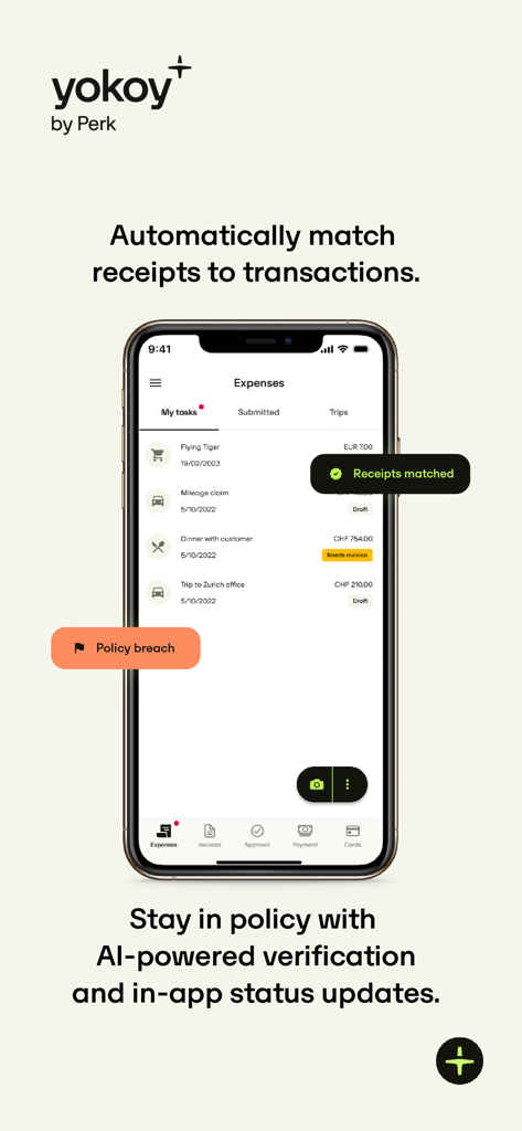 Yokoy - Yokoy mobile app interface showing automated receipt matching and AI powered expense policy verification