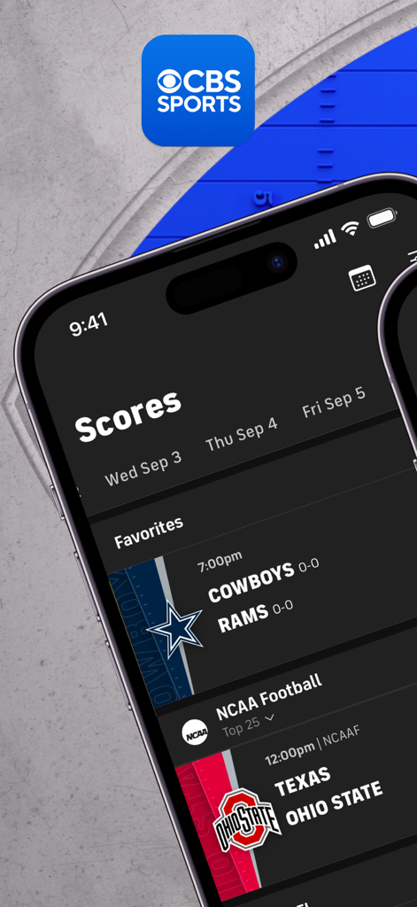 CBS Sports app interface showing live scores for NFL and NCAA football games on a smartphone.