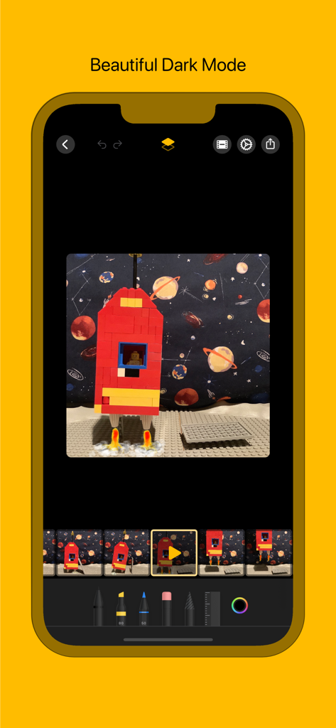 FlipKit app dark mode interface showing a stop-motion animation project of a Lego rocket with drawing tools