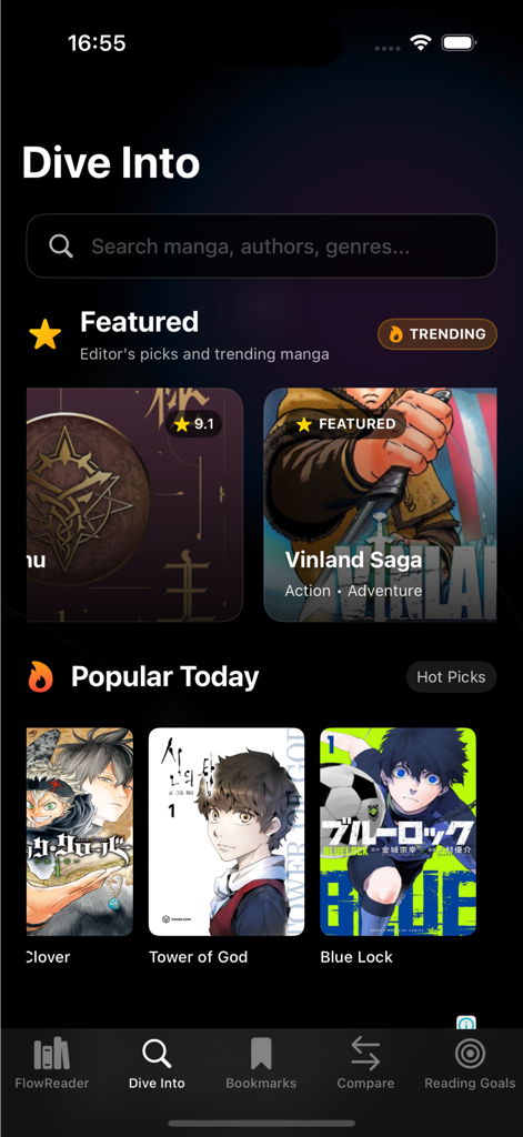 MangaBuddy : Manga Reader - MangaBuddy app discovery interface featuring a search bar and trending manga titles like Vinland Saga and Blue Lock