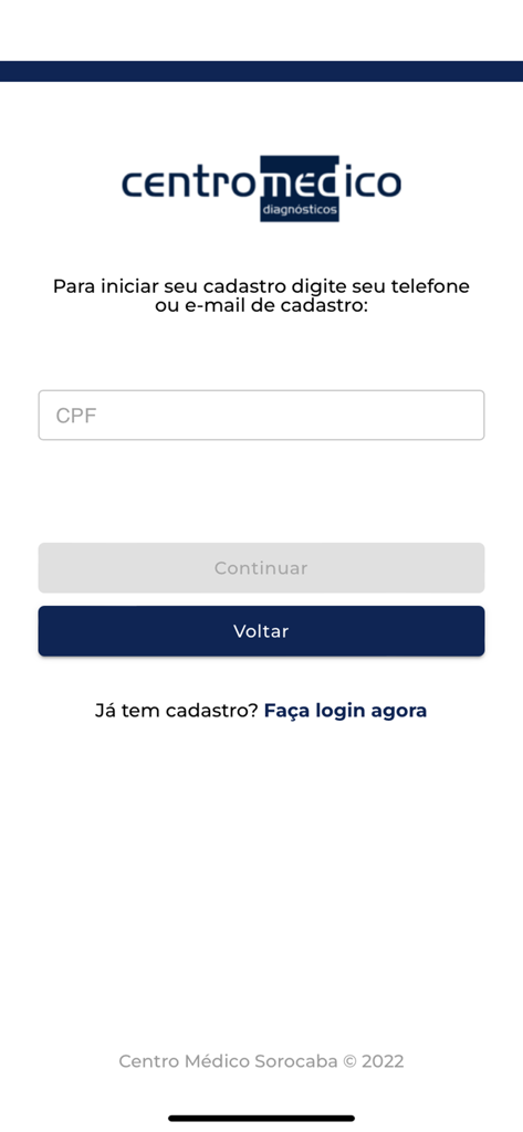 Centro Médico Sorocaba - Tela de registro do aplicativo Centro Médico Sorocaba solicitando o número do CPF para iniciar a criação da conta