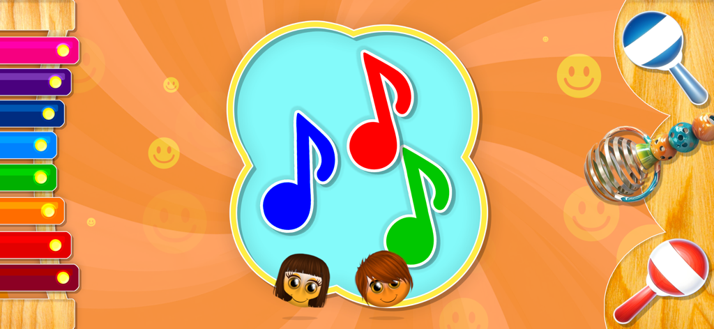 ABCs Song - Interface de l'application ABCs Song pour les tout-petits, présentant des notes de musique colorées et des instruments de jouet