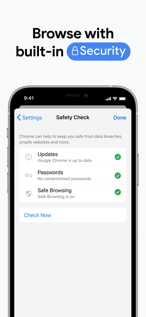 Schermata Controllo di sicurezza di Google Chrome su iPhone che mostra lo stato di sicurezza per aggiornamenti, password e navigazione sicura