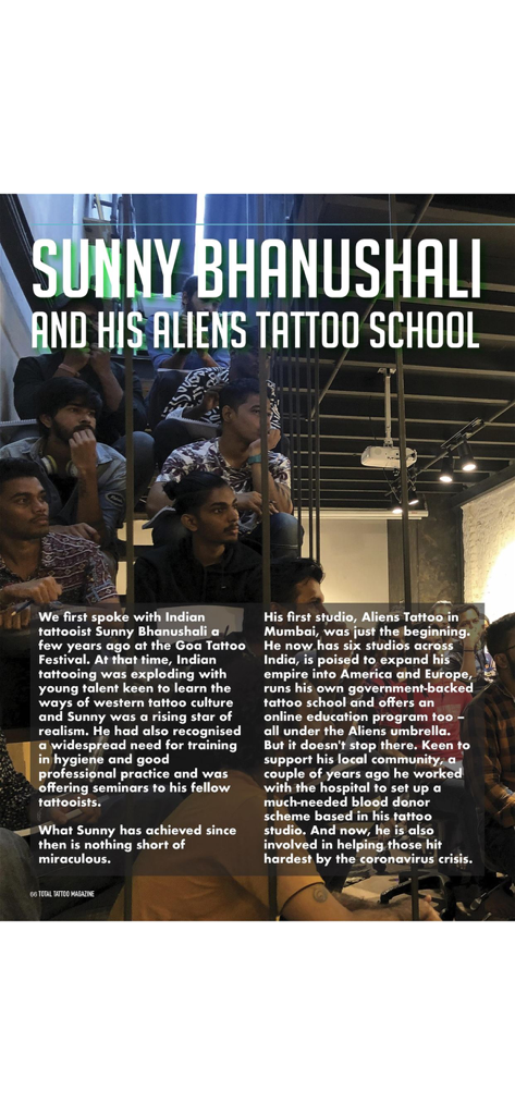 A feature article about artist Sunny Bhanushali and his tattoo school in Total Tattoo Magazine.