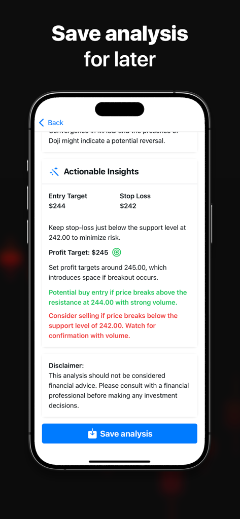 Chart AI - Trade Analyzer - Actionable trading insights and save analysis feature on Chart AI app