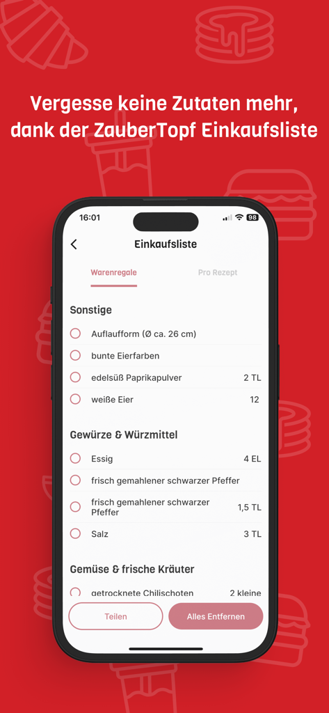 ZauberTopf Rezepte - Lista de la compra de la aplicación ZauberTopf Rezepte con ingredientes categorizados.