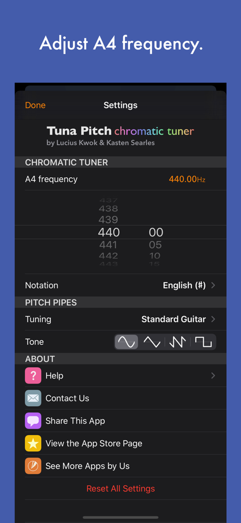 Settings screen of the Tuna Pitch app showing options to adjust the A4 frequency and pitch pipe tuning.