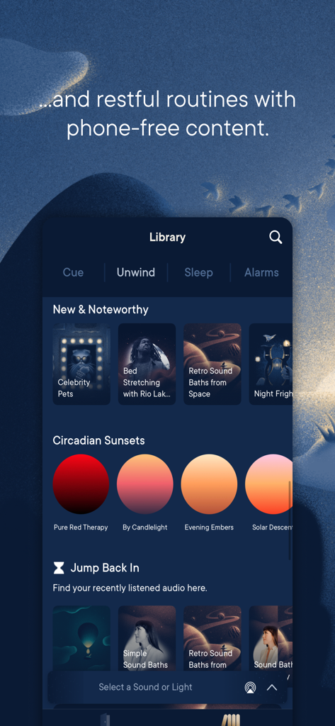 Hatch Sleep - Hatch Sleep app library screen displaying wellness content and circadian light therapy settings