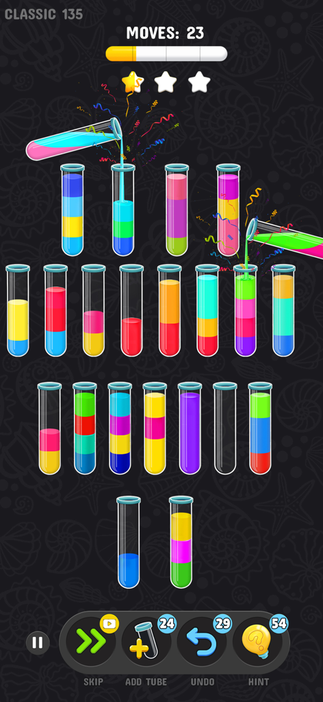 Gameplay screen of Color Water Sort Puzzle 3D showing colorful liquid being poured into test tubes