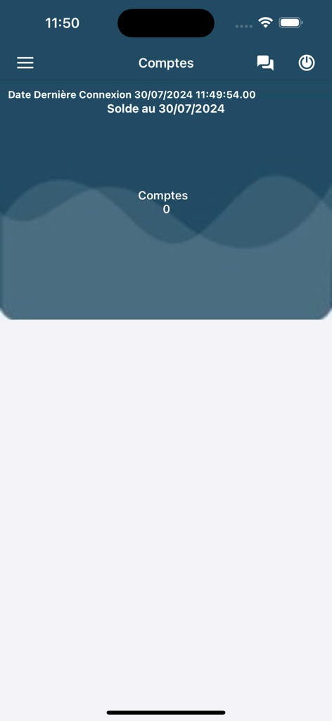 Pantalla de resumen de cuenta de la aplicación de banca móvil BGFIMOBILE CENTRAFRIQUE que muestra la fecha de la última conexión y el saldo de la cuenta