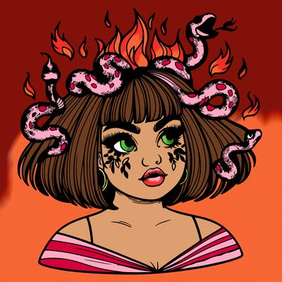 a plus size girl with short hair and snakes coming off her head like medusa, and flames in her eyes, beautiful and realistic