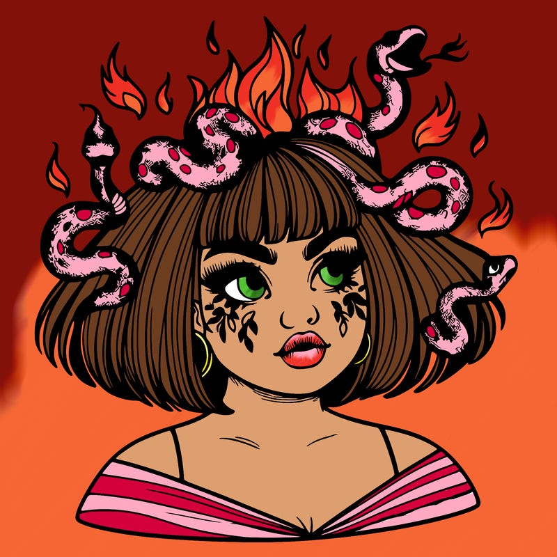 a plus size girl with short hair and snakes coming off her head like medusa, and flames in her eyes, beautiful and realistic