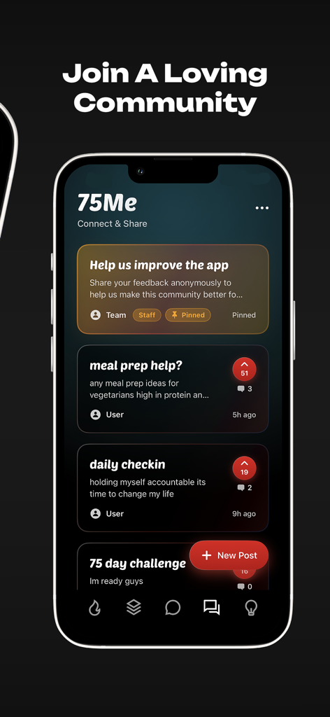 Interface of the 75Me app community showing user posts for meal prep and daily check-ins