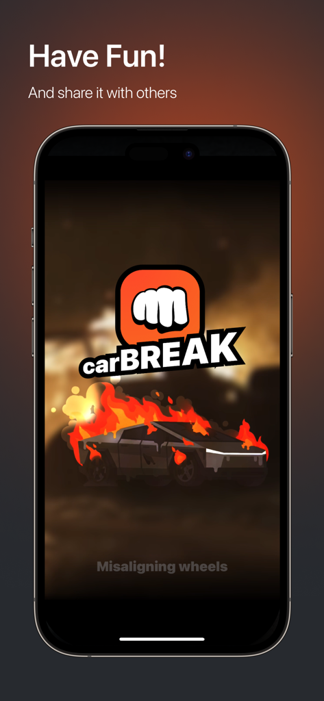 carBREAK: Car Damage Prank - Splash screen of the carBREAK app featuring a futuristic car on fire and the brand logo