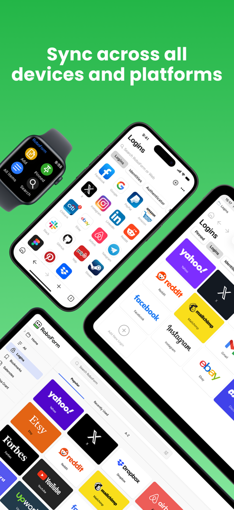 RoboForm Password Manager - Interface do Gerenciador de Senhas RoboForm mostrando sincronização entre um iPhone, Apple Watch e tablet.