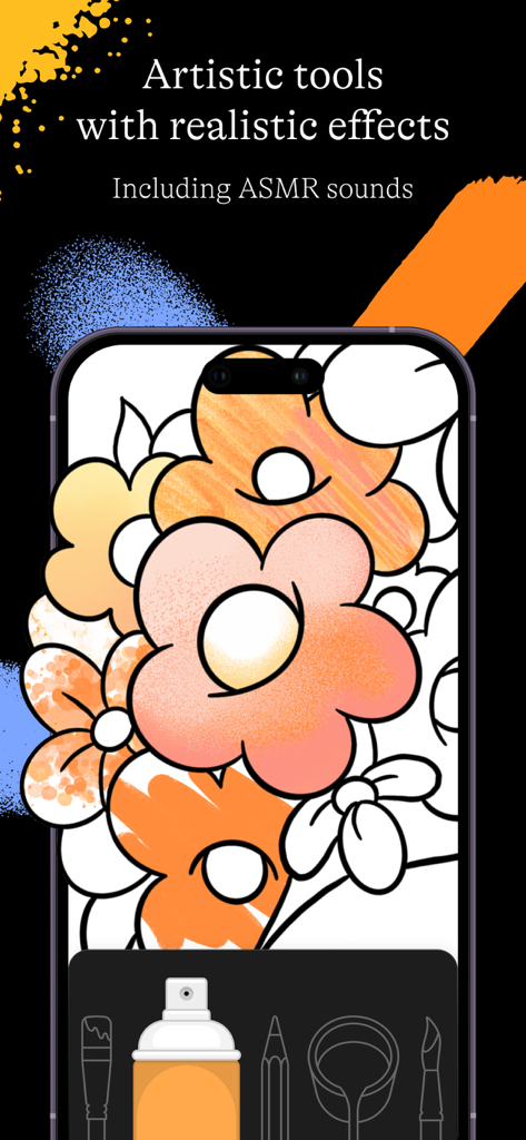 Lake: Coloring Book for Adults - Smartphone screen of Lake app displaying various artistic coloring tools and a flower illustration with realistic textures