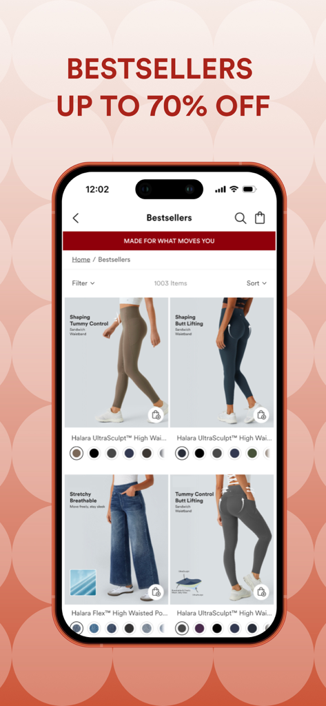 Halara - Halara app Bestsellers page showcasing shaping leggings and stretchy activewear with a 70% off discount banner.