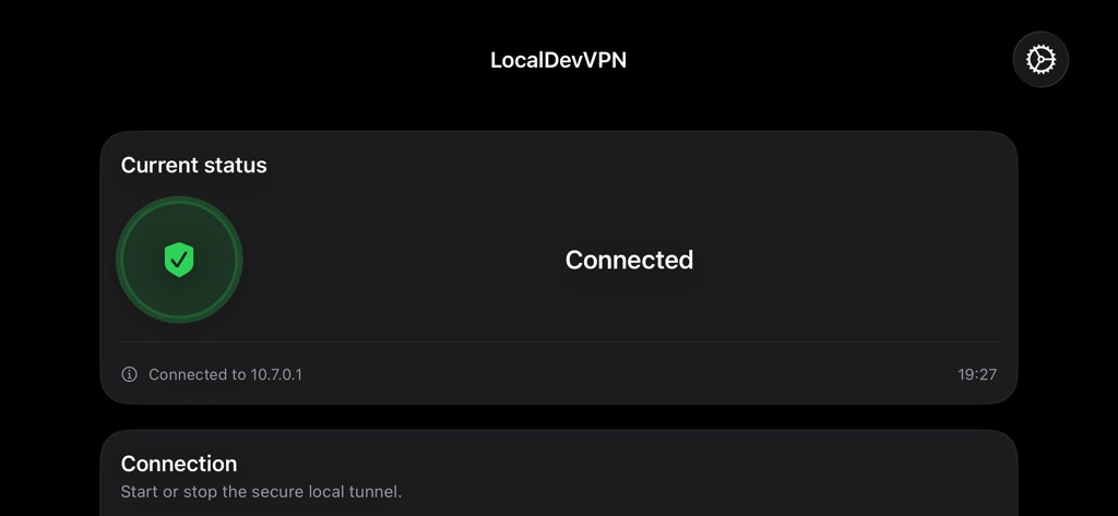 LocalDevVPN - Tableau de bord de l'application LocalDevVPN affichant un statut de connexion réseau actif