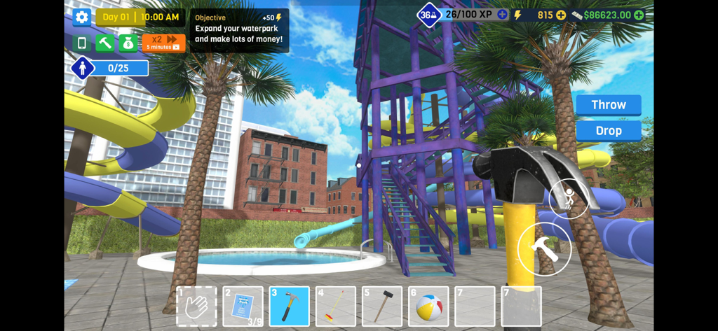 Una vista in prima persona della costruzione di un parco acquatico utilizzando uno strumento martello in Waterpark Owner Simulator