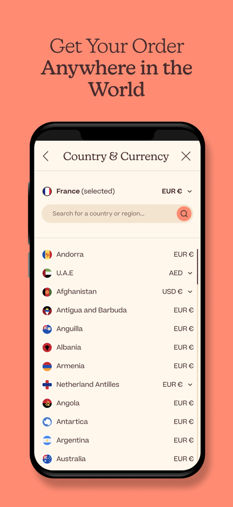 Écran de l'application Care To Beauty montrant la sélection des pays et des devises internationales pour l'expédition mondiale