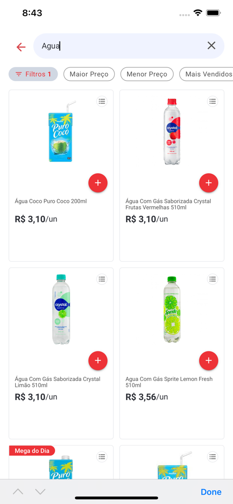Mega em casa - Mobile app interface showing search results for water with various bottled drinks and unit prices.