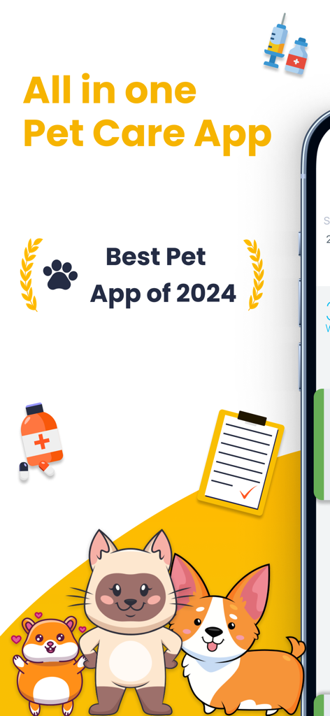 Promotional screen for the Pet Care Tracker app featuring illustrations of a hamster cat and dog with Best Pet App of 2024 text