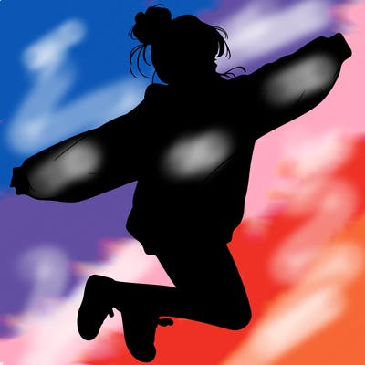 realistic girl jumping with a bun and oversized sweatshirt