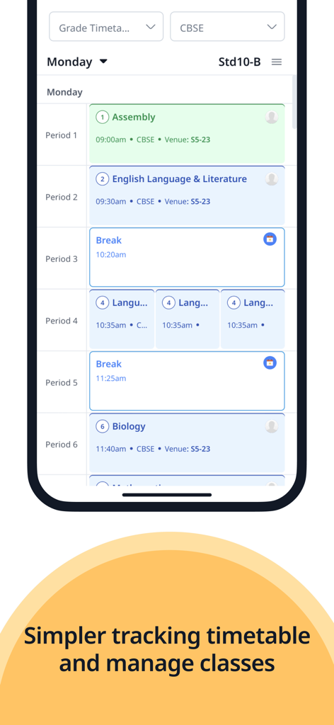SmartLearn App - Un écran mobile de l'application SmartLearn montrant l'emploi du temps quotidien d'un élève avec des périodes pour l'anglais, la biologie et les pauses