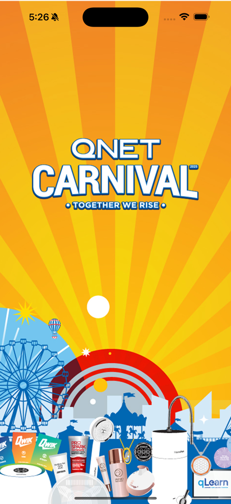 QNET Carnival - QNET Carnival App Splash Screen mit dem Logo Together We Rise Slogan und verschiedenen Lifestyle-Produkten vor einem karnevalistischen Hintergrund