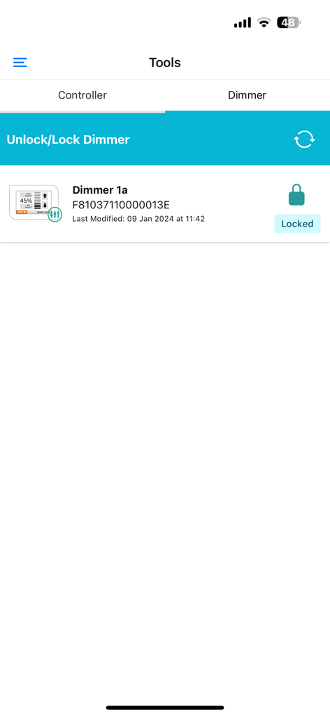 ENTOUCH Installer Tool interface showing a locked dimmer device status