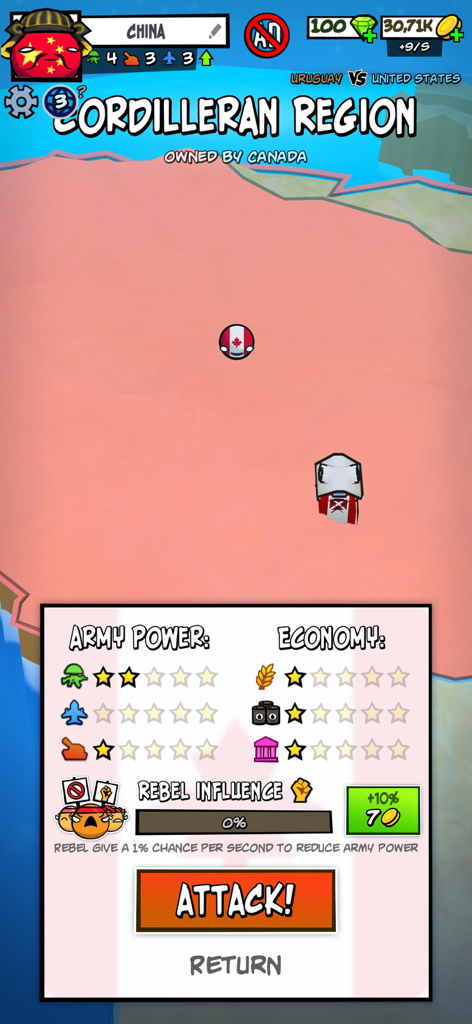 Country Balls: Battle World - Menu d'attaque dans Country Balls Battle World affichant les statistiques militaires et économiques d'un territoire.