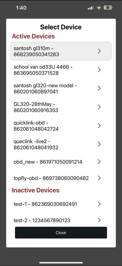 Interface of the Amcrest GPS Pro app showing lists of active and inactive GPS tracking devices.