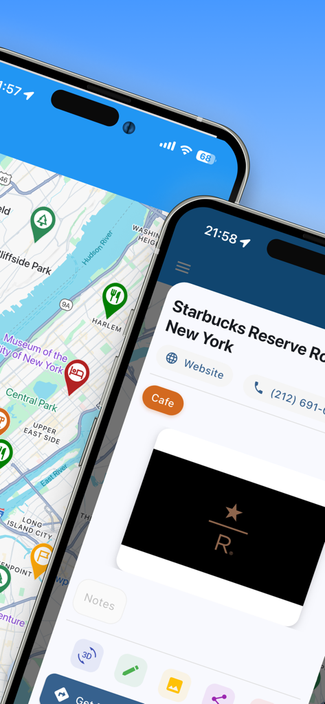 Interface do aplicativo MyMap mostrando pins codificados por cores em um mapa da cidade de Nova York e detalhes específicos de localização de um café