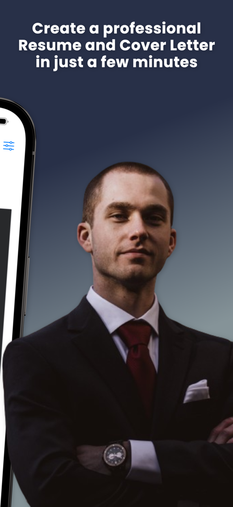 Simple CV: CV Maker App - Un hombre con traje representa la creación de currículums y cartas de presentación profesionales en minutos