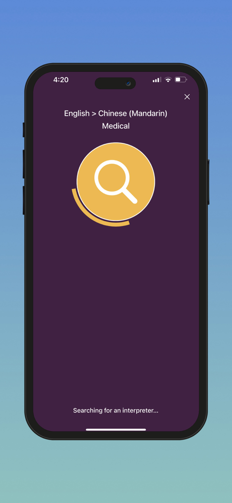 InterpretManager mobile app interface showing a search for an English to Chinese medical interpreter