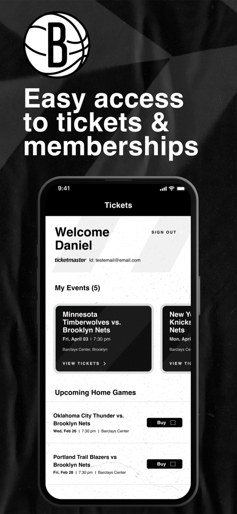 Brooklyn Nets - 브루클린 네츠 공식 앱의 인터페이스가 경기 티켓과 회원 관리를 보여줍니다.