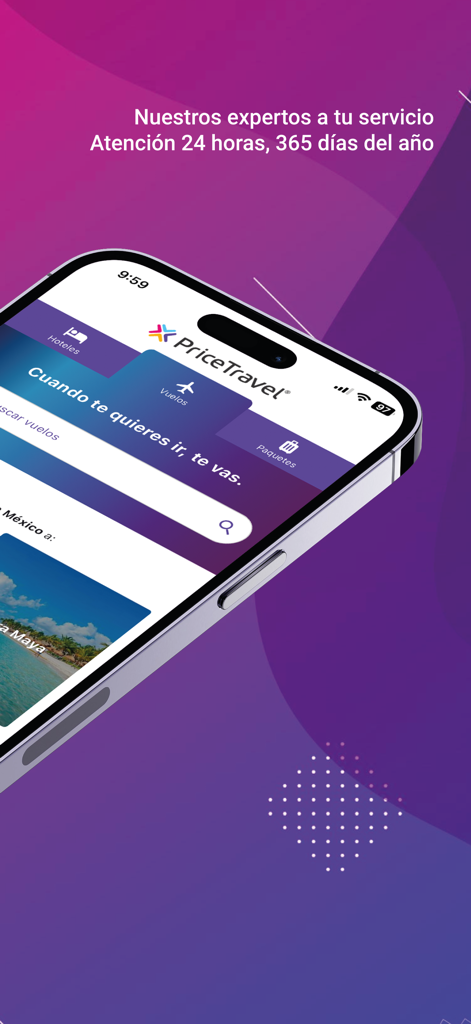 PriceTravel mobile app interface showing 24/7 customer support in Spanish