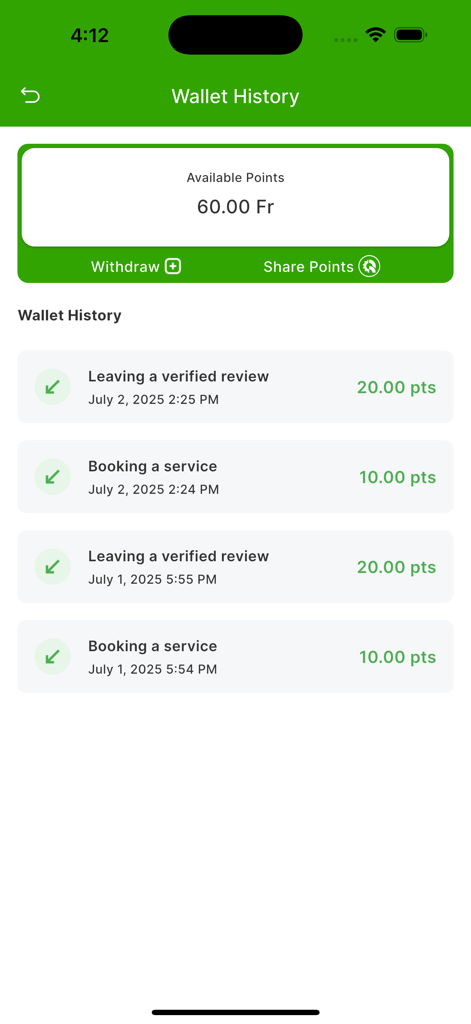 QwickServices - QwickServices wallet history screen displaying earned reward points and transaction history