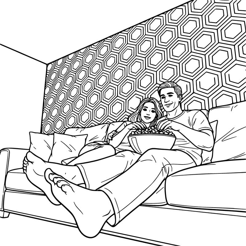 realistic couple watching a movie while laying down on a couch in the living room eating popcorn with peel and stick wallpaper